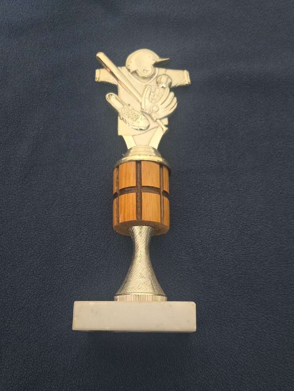 Vintage Baseball Trophy with Wooden Column and Marble Base - Gold Tone